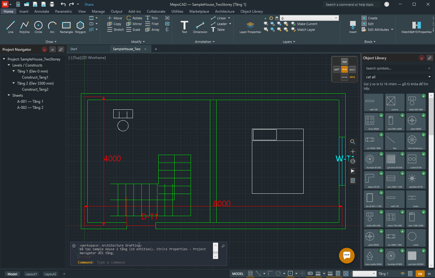 MepoCAD main window with the Home ribbon tab open, a two-storey sample house on the canvas, Project Navigator on the left and Object Library on the right