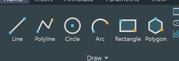 Close-up of the Draw group on the Home ribbon tab: Line, Polyline, Circle, Arc, Rectangle, Polygon
