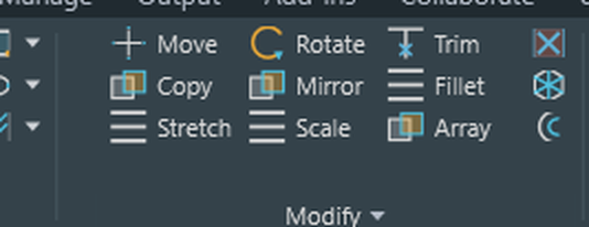 Close-up of the Modify group on the Home ribbon tab: Move, Copy, Rotate, Mirror, Trim, Fillet, Stretch, Scale, Array