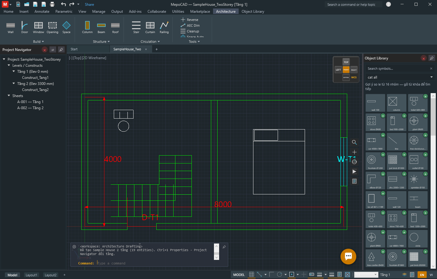 Architecture ribbon tab with Wall, Door, Window, Opening, Space, Column, Beam, Roof, Stair, Curtain, Railing buttons and a Tools group with Cleanup
