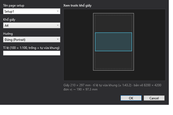 Page Setup dialog with a named setup, A4 paper, portrait orientation and a scale field, plus a paper-size preview