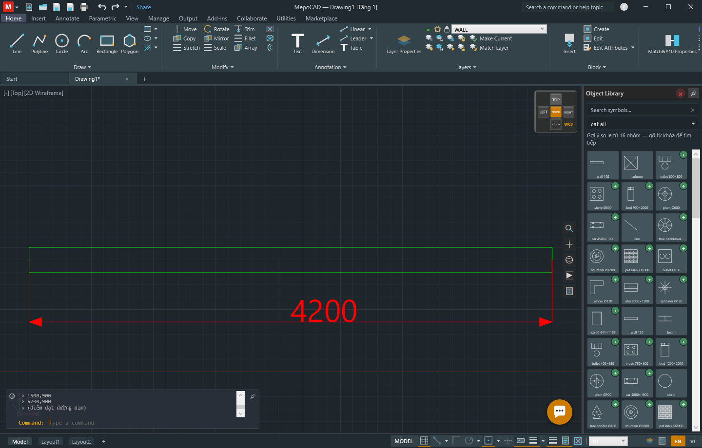 A single 4200mm wall with a linear dimension reading 4200 underneath it, and the full WALL, WALLCLEANUP, DIMLINEAR command sequence visible in the command history panel