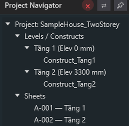 Project Navigator tree showing Levels/Constructs with Tang 1 at elevation 0mm, Tang 2 at elevation 3300mm, and a Sheets section with one sheet per floor