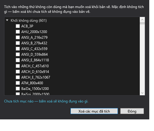 Purge dialog listing 601 unused blocks with checkboxes, and a Delete checked items button